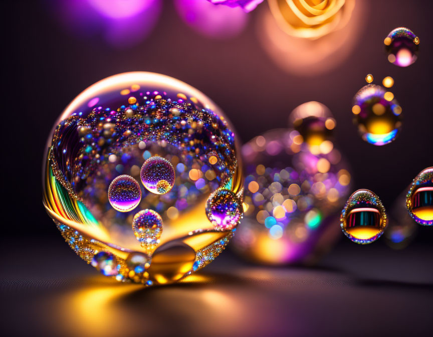 Colorful Glass Spheres Floating in Dark Background with Bokeh Lights