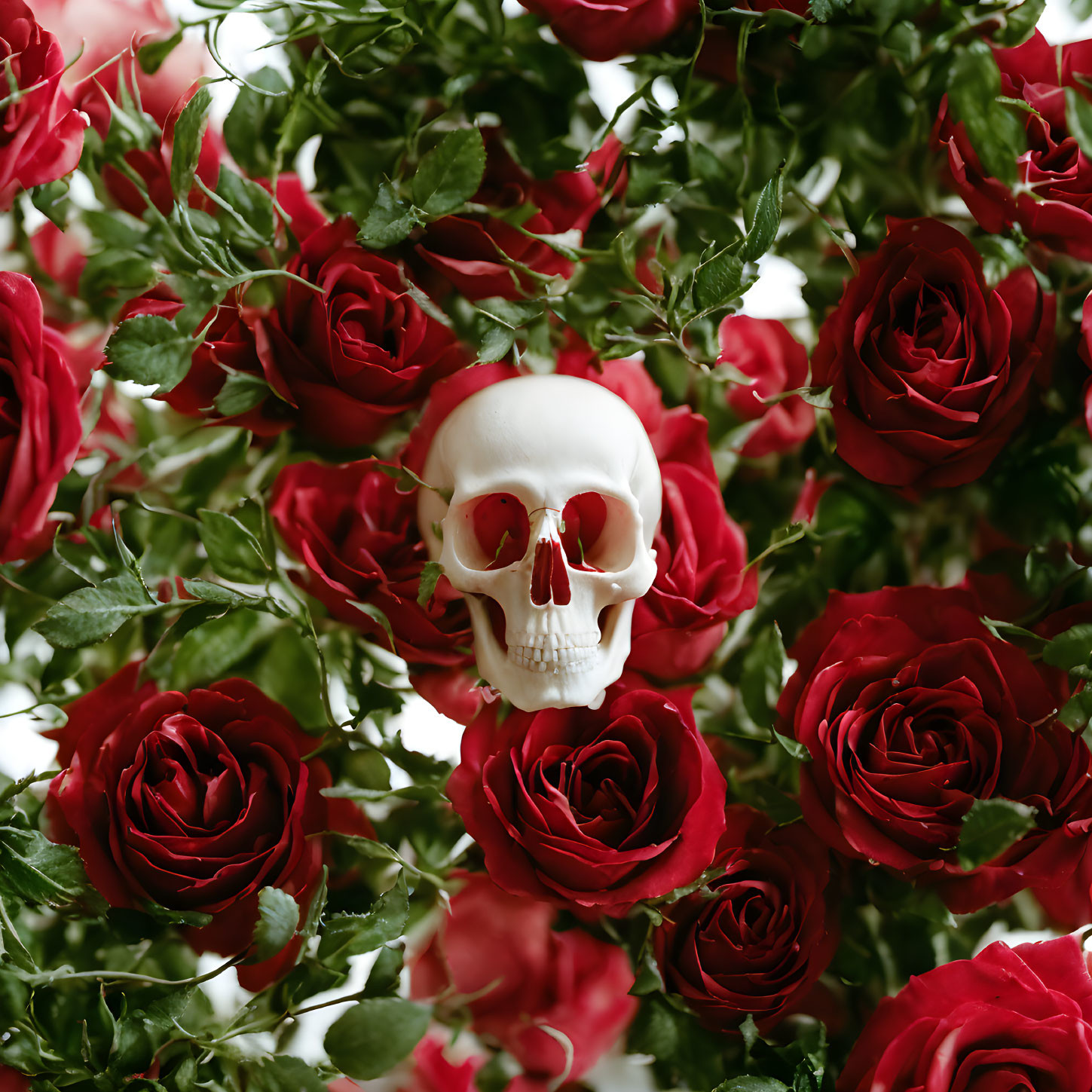 Skull with red roses and green foliage on white background