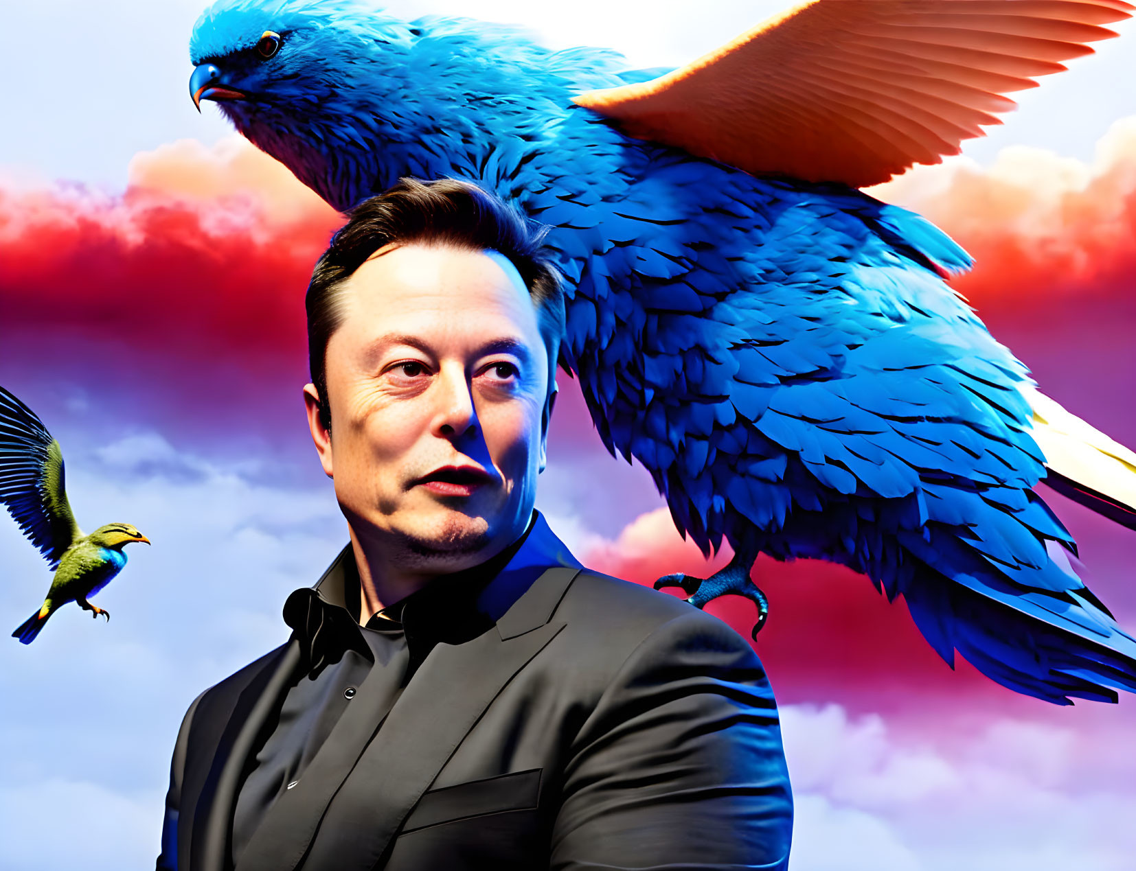 Man in Black Suit with Blue Bird in Sky