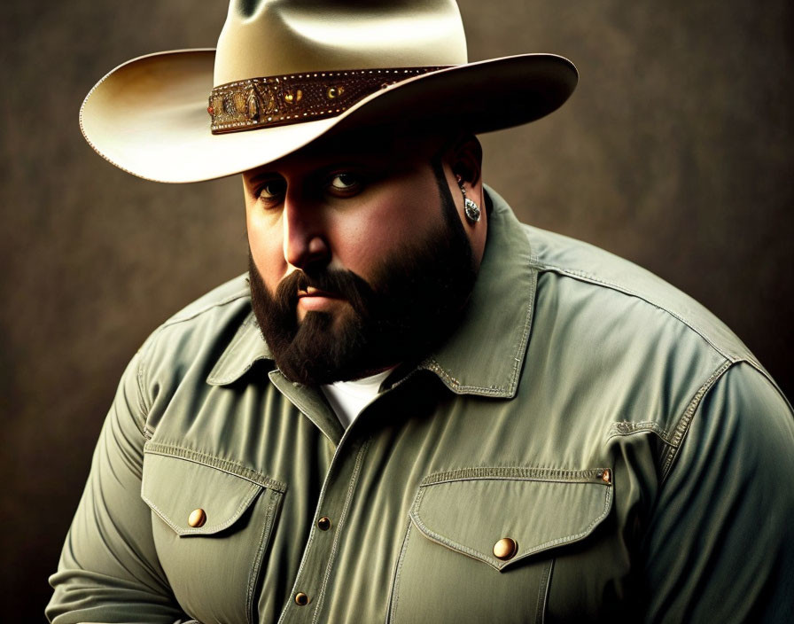 Man with Beard Wearing Cowboy Hat and Green Shirt Portrait