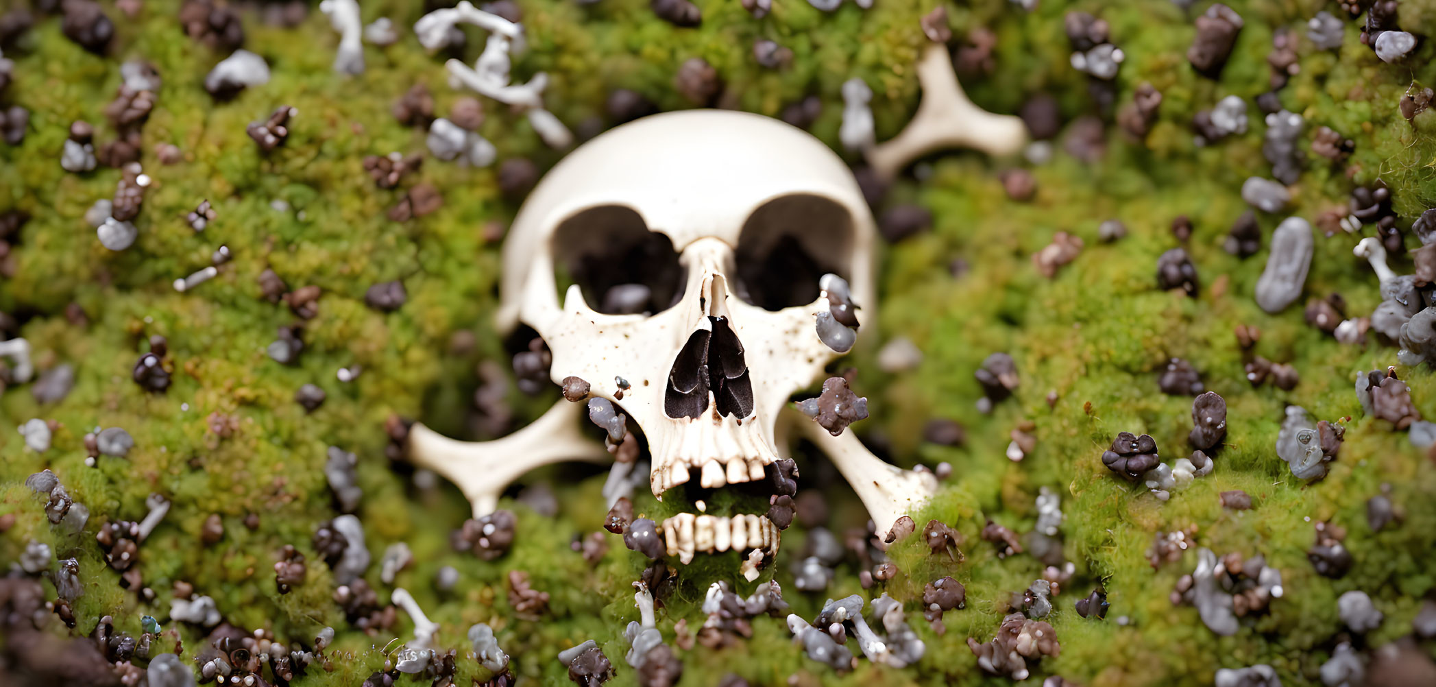 Human skull surrounded by green moss and mushrooms