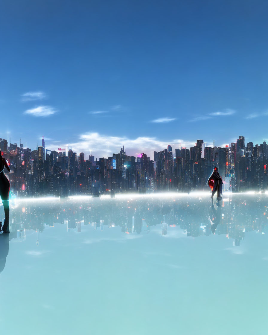 Silhouetted individuals on reflective surface with futuristic city skyline.