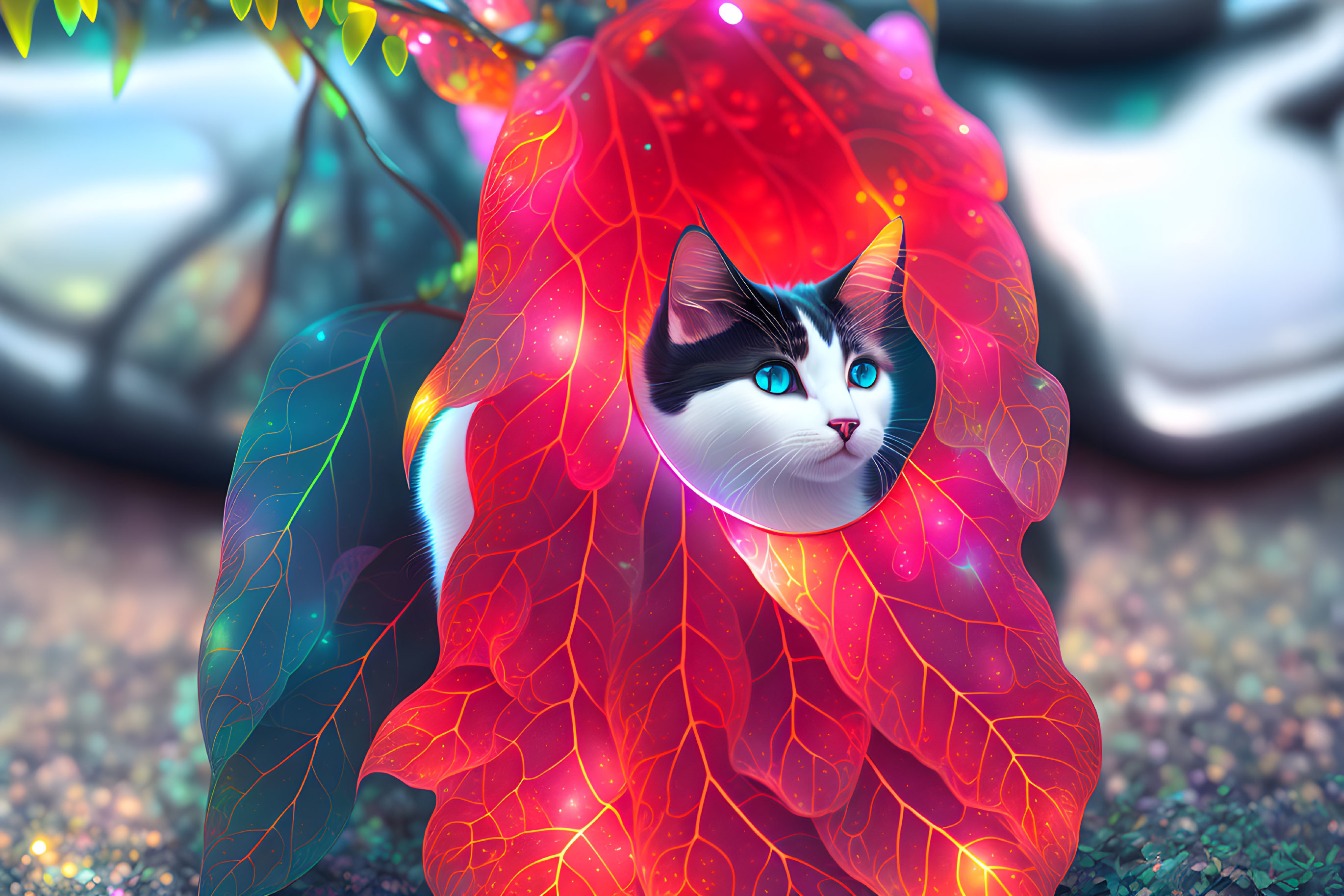 Vivid digital artwork: Cat with blue eyes and red leaf.