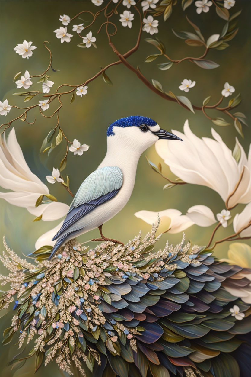 Detailed illustration of multicolored bird perched among white blossoms