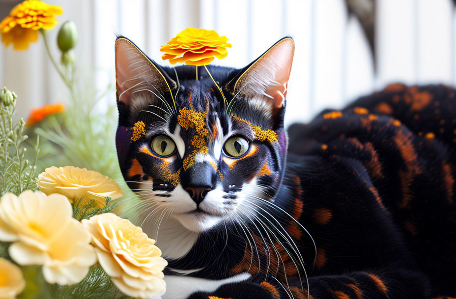 Colorful Cat with Black and Orange Markings Among Yellow Flowers