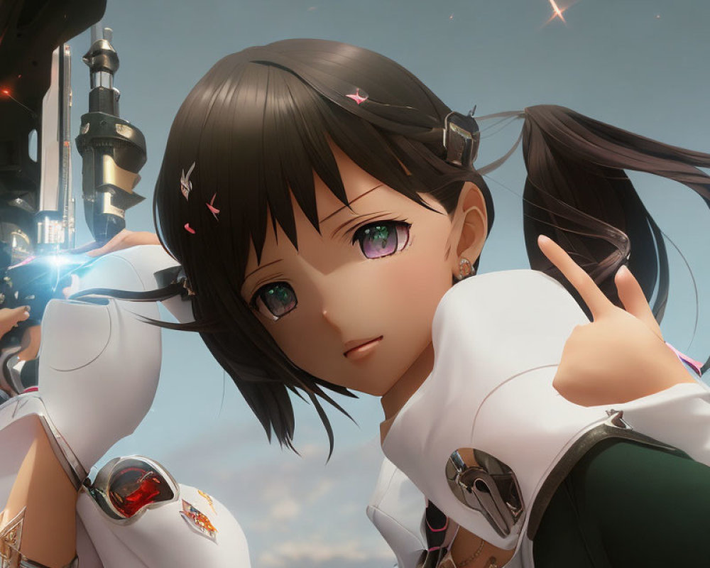 3D animated girl with brown hair and green eyes in white outfit near mechanical device under blue sky