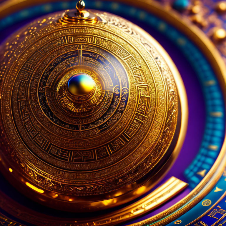 Golden Astrolabe with Blue and Gold Background and Radiant Light