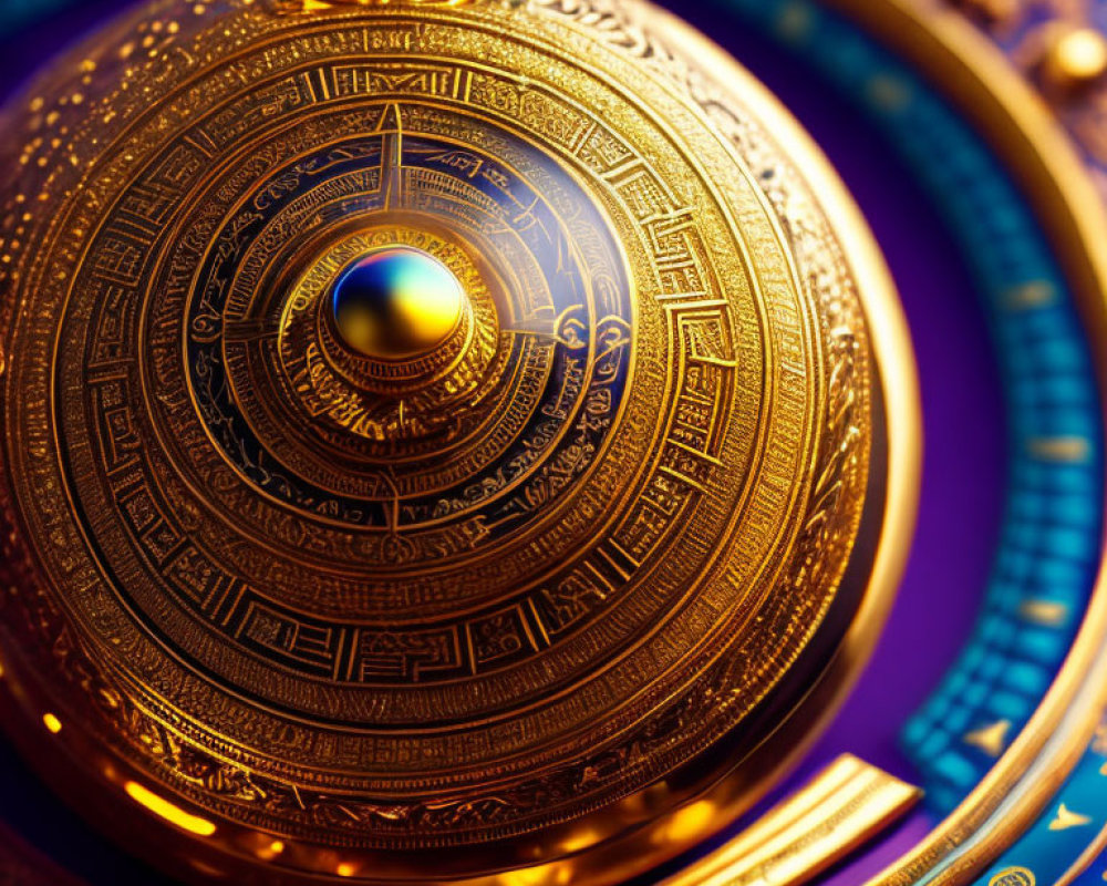 Golden Astrolabe with Blue and Gold Background and Radiant Light