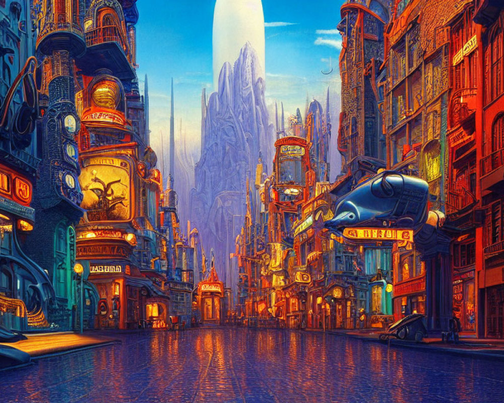 Futuristic cityscape with towering buildings and neon signs