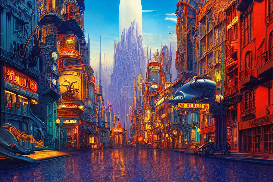 Futuristic cityscape with towering buildings and neon signs