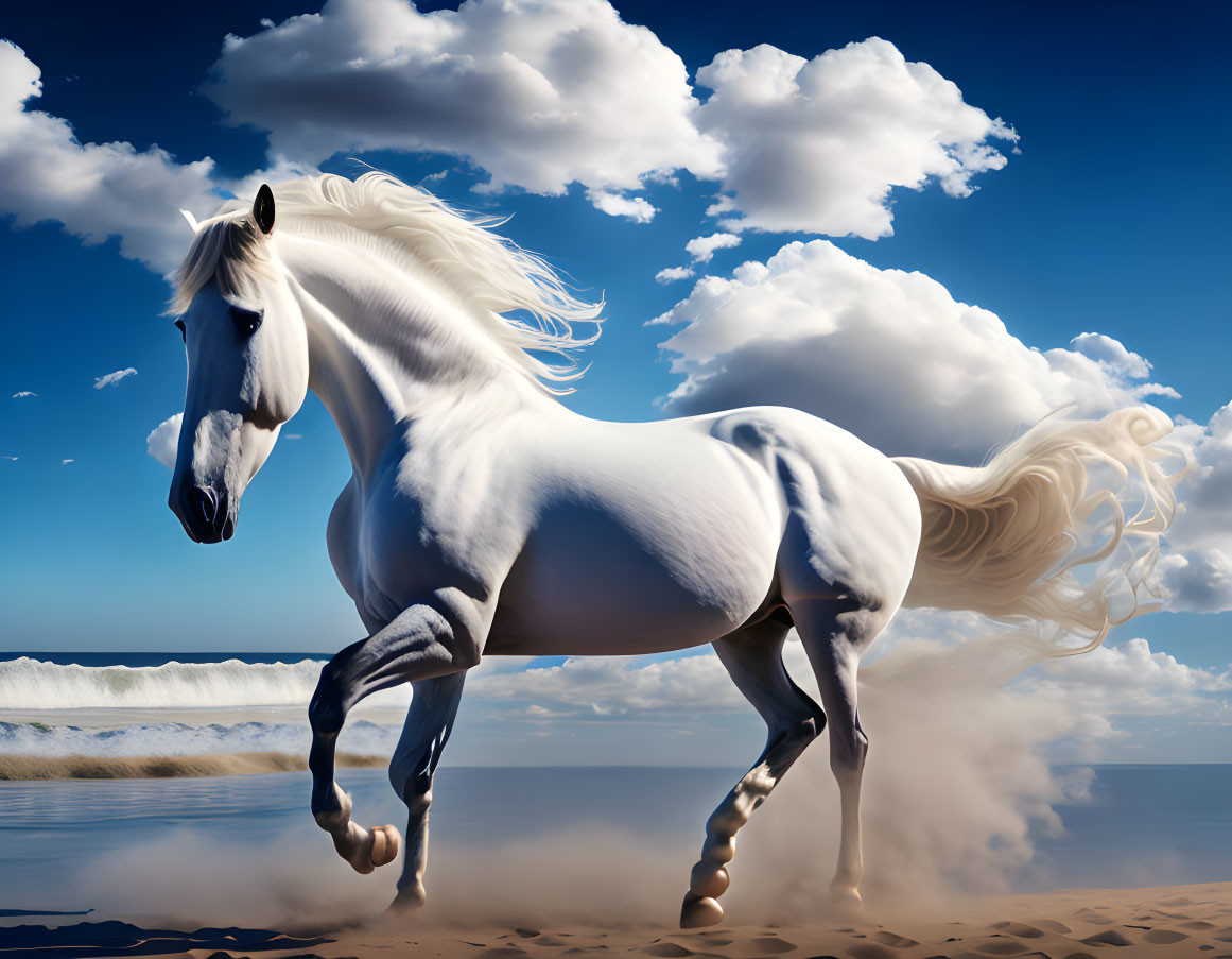 Majestic white horse galloping on sandy beach under blue sky