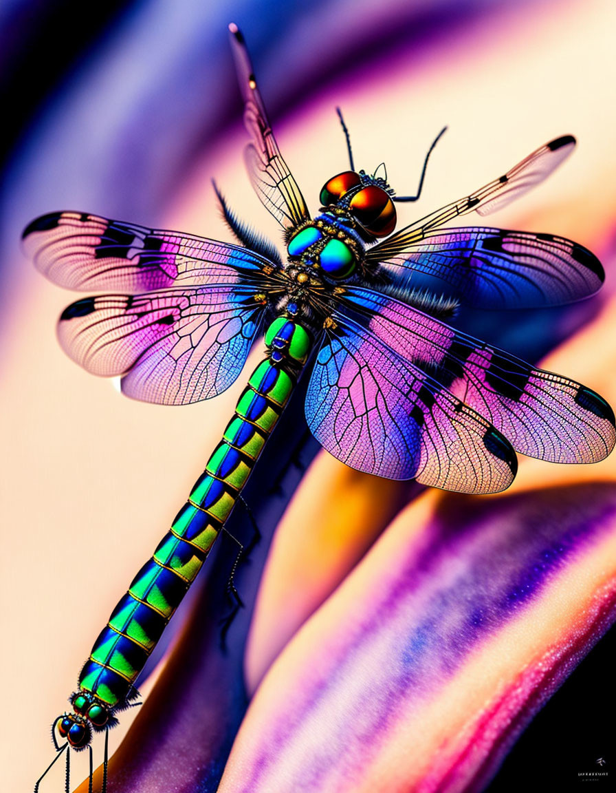 Colorful Dragonfly Close-Up with Iridescent Wings on Vibrant Background