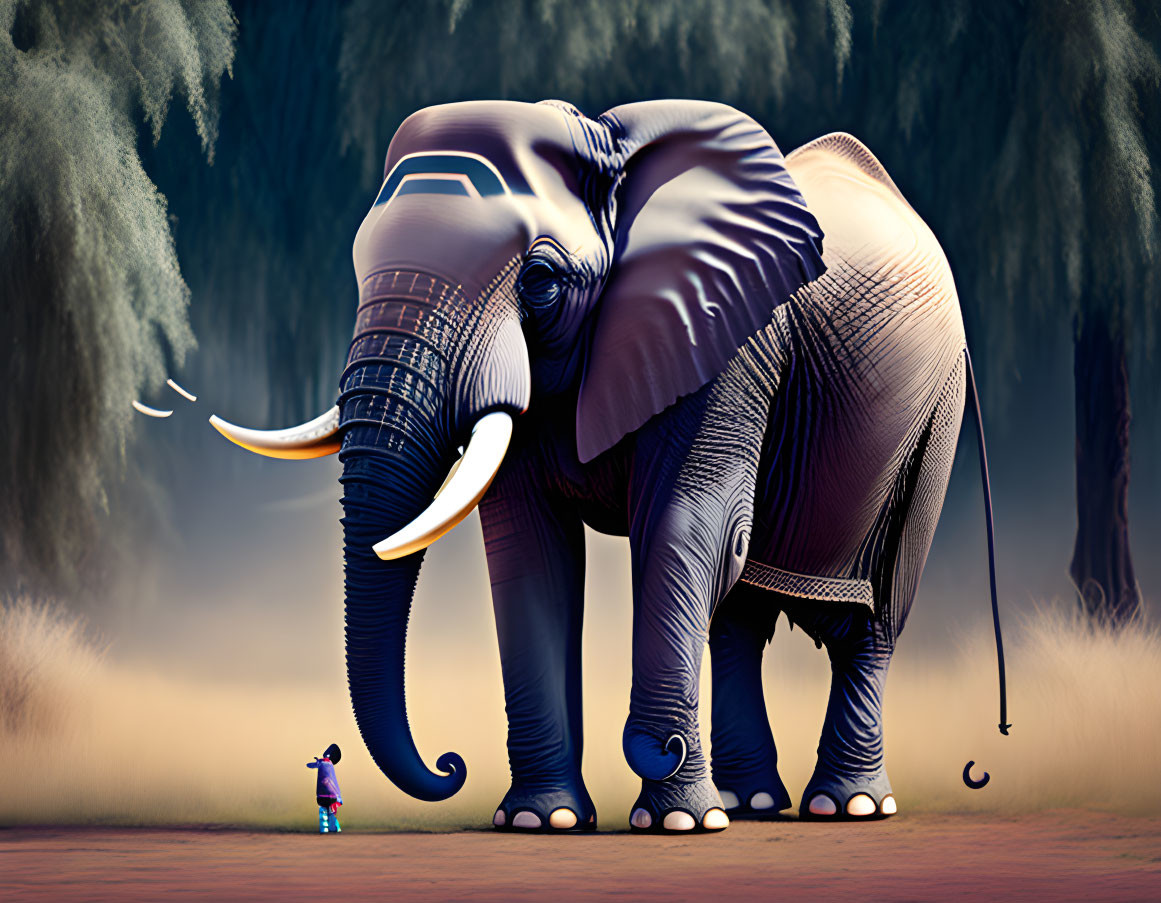 Child standing next to stylized elephant in mystical forest setting