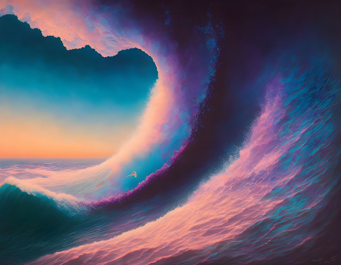 Digital Art: Colossal Wave in Blue and Purple with Surfer