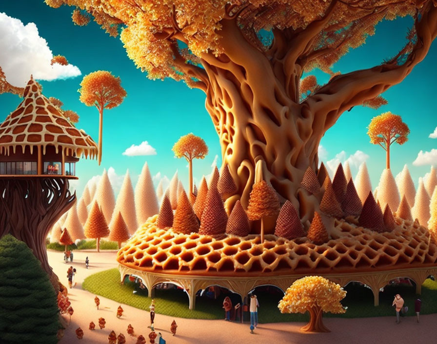 Surreal landscape with oversized tree, orange trees, and miniature figures