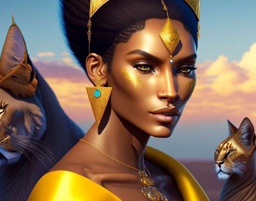 Regal woman with lions, gold jewelry, blue gem, twilight sky