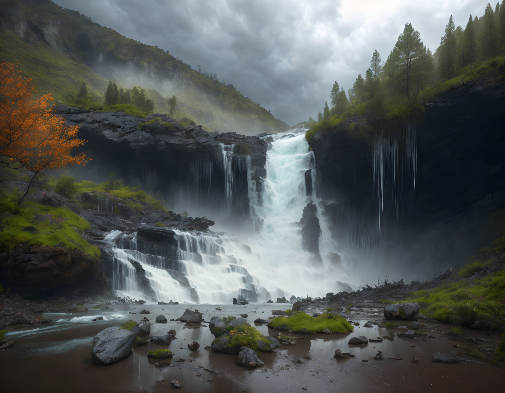 Majestic waterfall over layered rocks in lush greenery under stormy sky