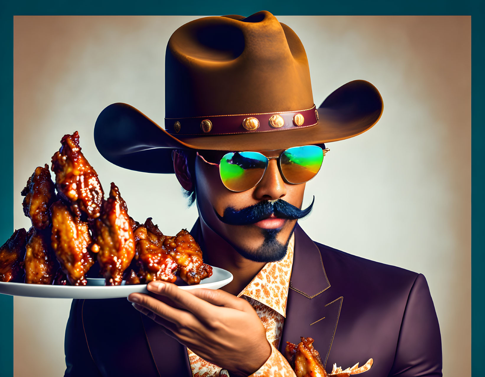 Fashionable person with large mustache, sunglasses, cowboy hat, suit, holding plate of chicken wings