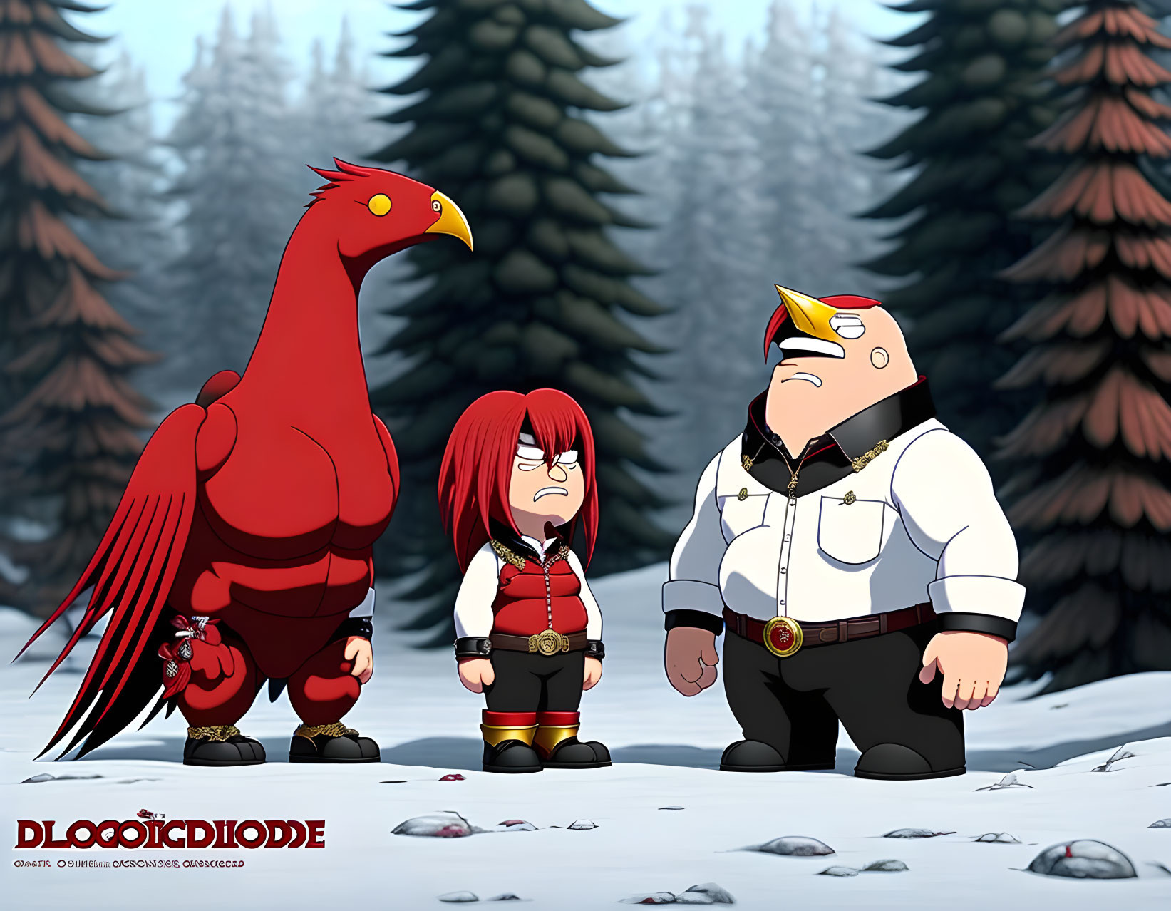 Giant red bird, red-haired girl, and stout man in snowy forest