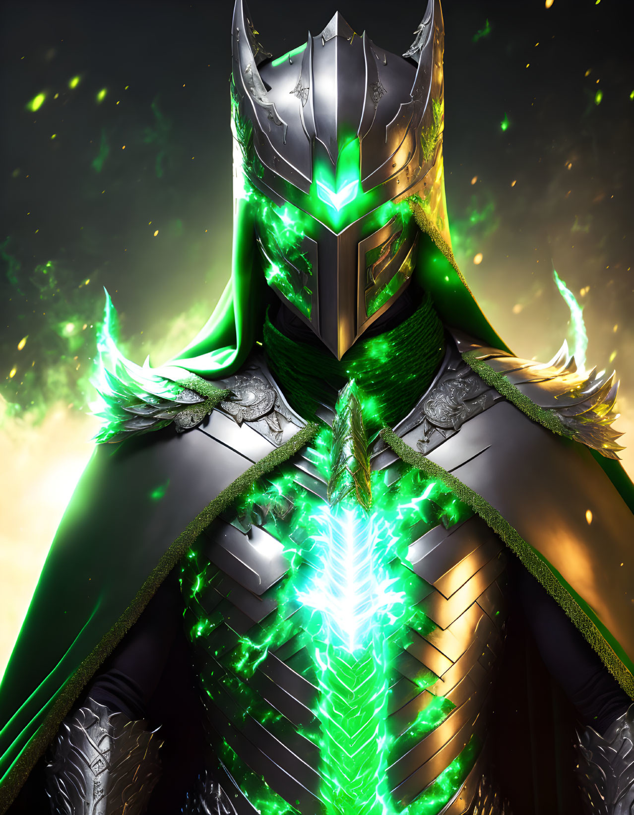 Majestic figure in silver and green armor with glowing energy motifs