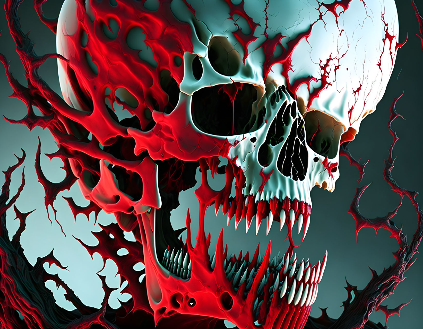 Red and White Skull with Branch-like Structures on Teal Background