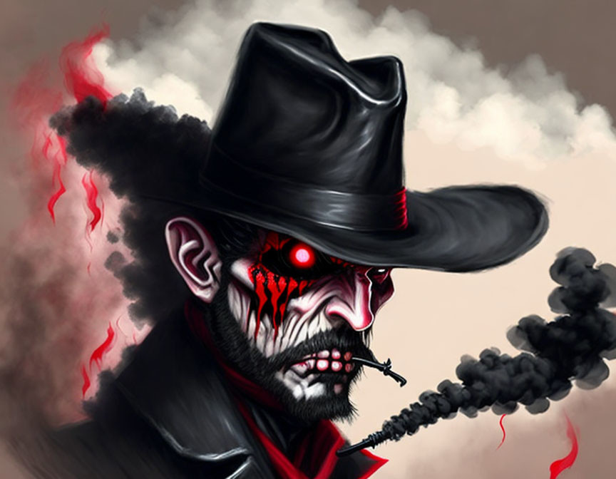 Sinister figure with red glowing eyes in black hat and dark smoke with red accents