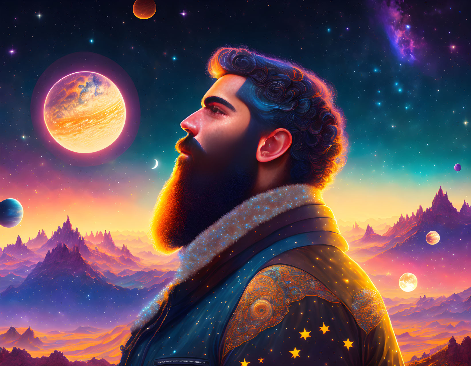 Colorful cosmic scene with man sporting starry beard and vibrant planets and stars.