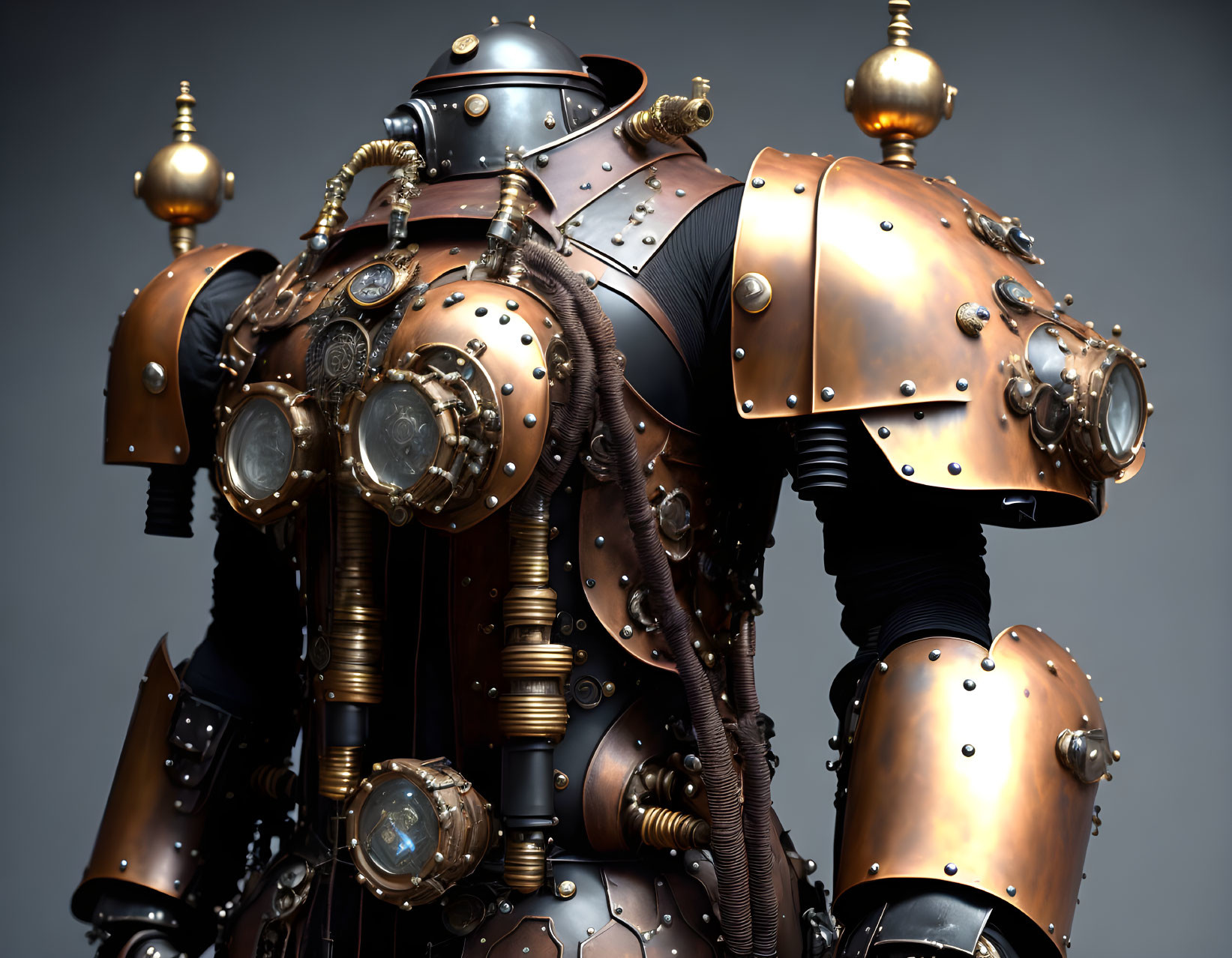 Detailed steampunk automaton with bronze plates, gears, and rivets