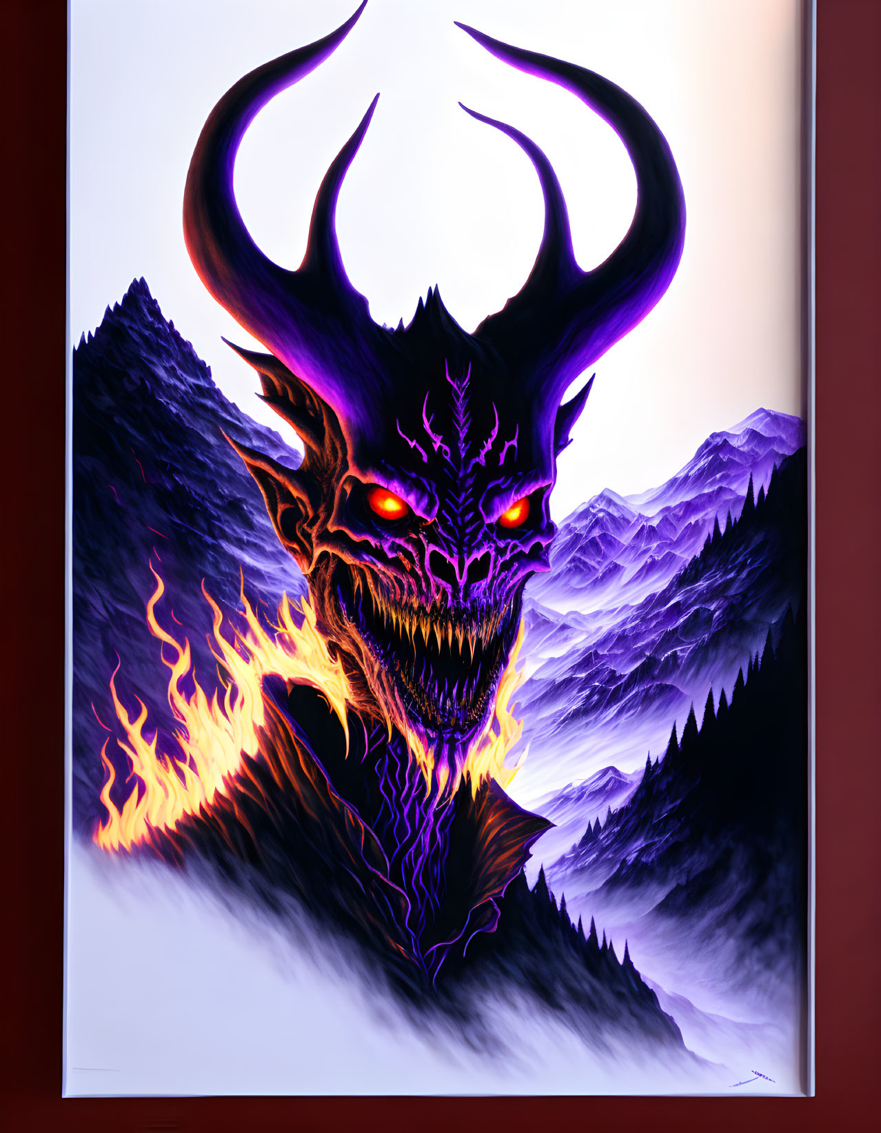 Fiery demonic entity with horns in mountain landscape under crescent moon