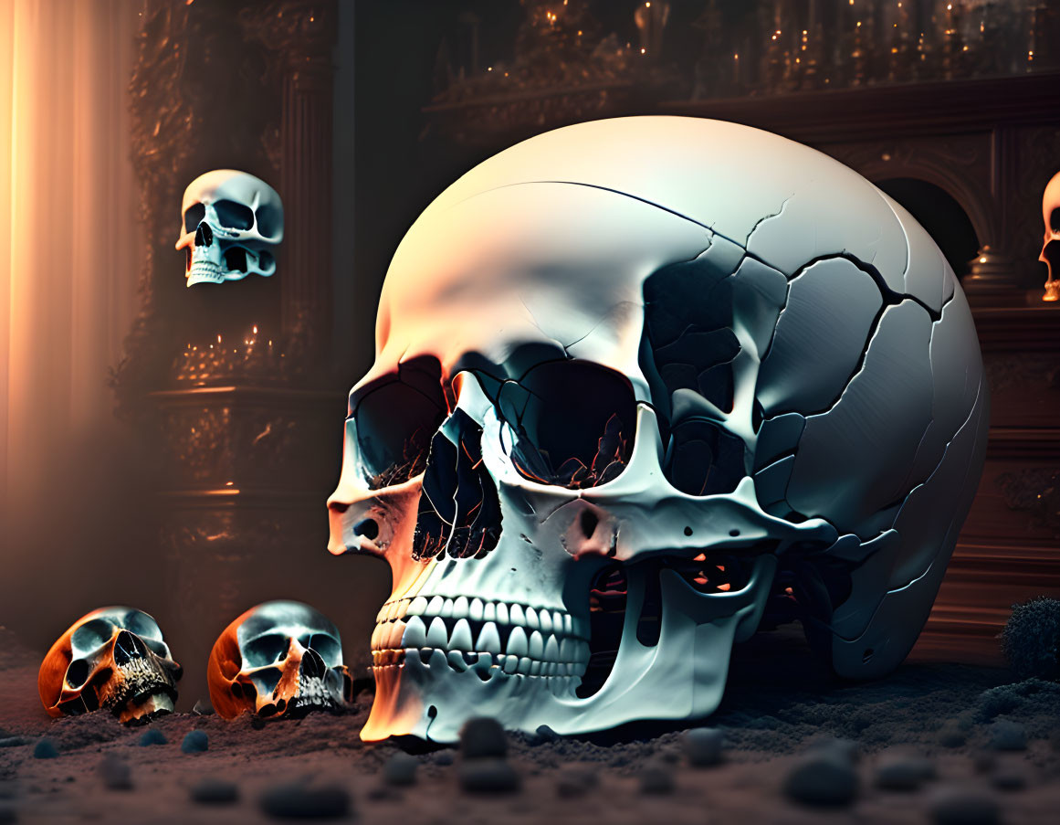 Digital artwork: Large cracked skull surrounded by smaller skulls on sandy surface