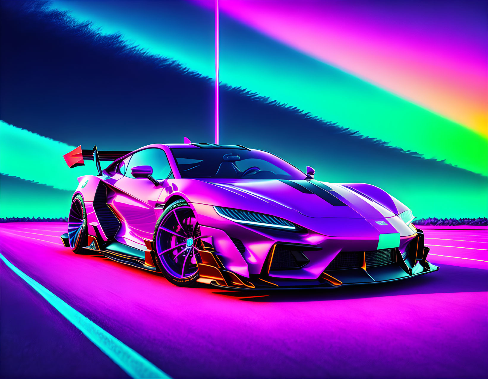 Colorful sports car illustration on neon-lit road with retro-futuristic vibe