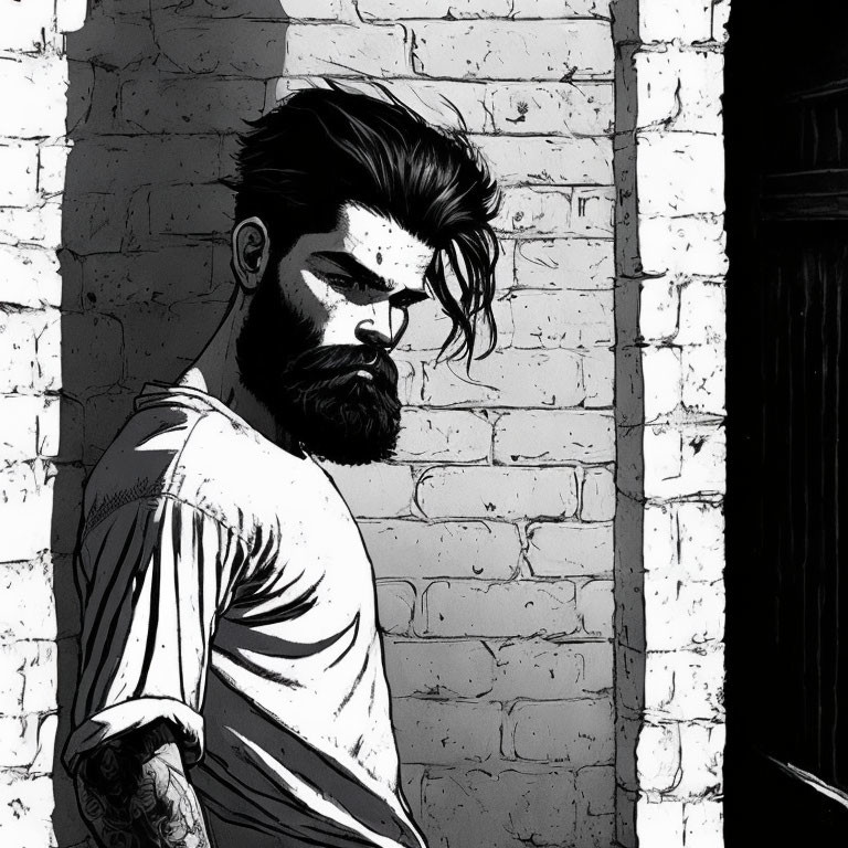 Monochrome illustration of bearded man with unique hairstyle against brick wall