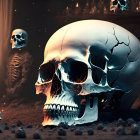 Digital artwork: Large cracked skull surrounded by smaller skulls on sandy surface