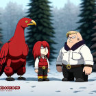 Giant red bird, red-haired girl, and stout man in snowy forest