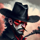 Sinister figure with red glowing eyes in black hat and dark smoke with red accents