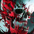 Red and White Skull with Branch-like Structures on Teal Background