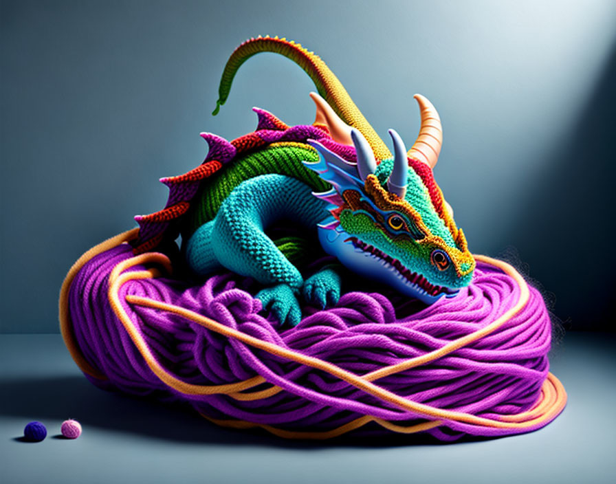 Colorful Knitted Dragon Sculpture with Blue Head and Rainbow Tail resting on Purple Yarn Nest