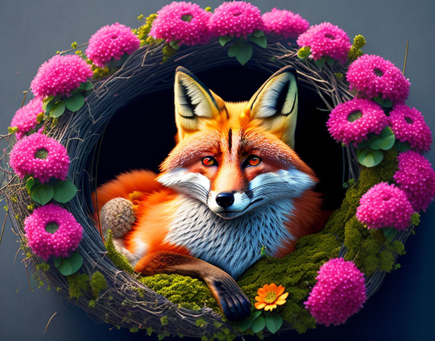 Detailed Fox in Pink Floral Wreath on Dark Background