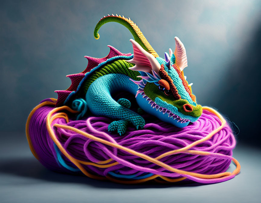 Colorful Dragon Figurine on Tangled Yarn Display