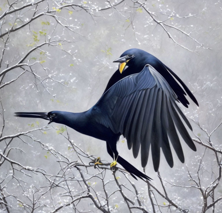 Black bird perched on branch with outstretched wings in nature scene