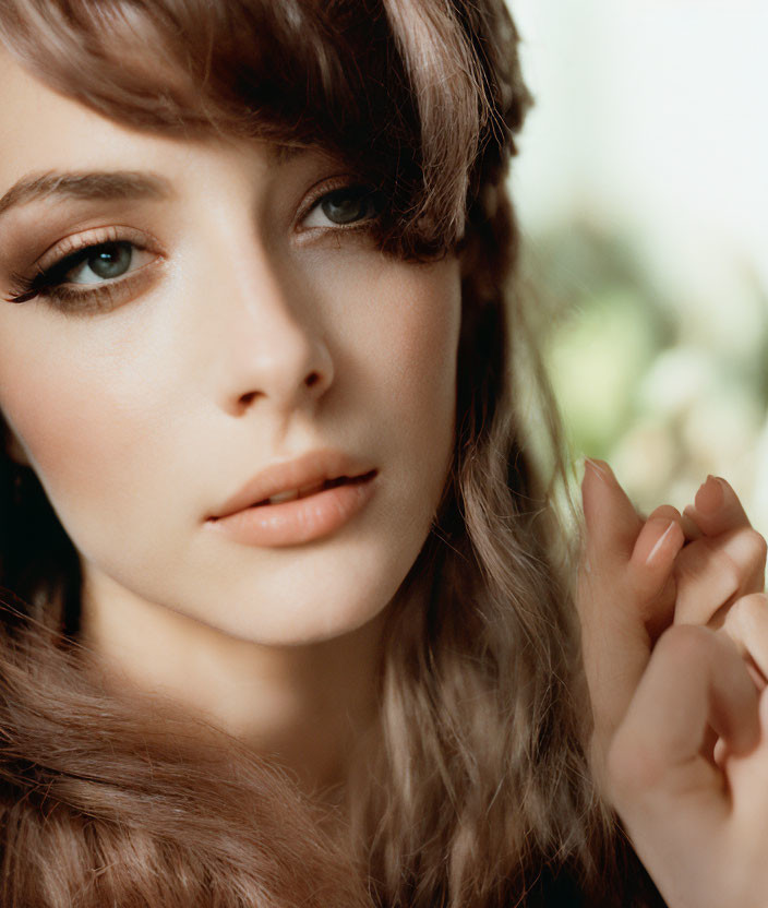 Woman with wavy brown hair in gentle pose against soft backdrop