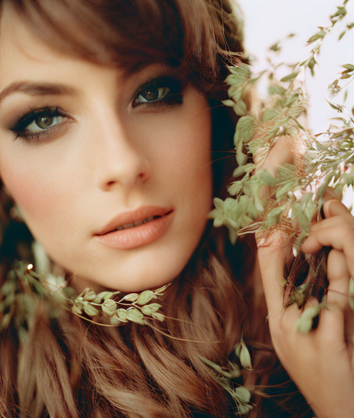 Close-up of woman with subtle makeup holding branch framed by leaves