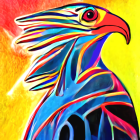 Colorful Bird Painting with Blue and Orange Plumage on Yellow Background