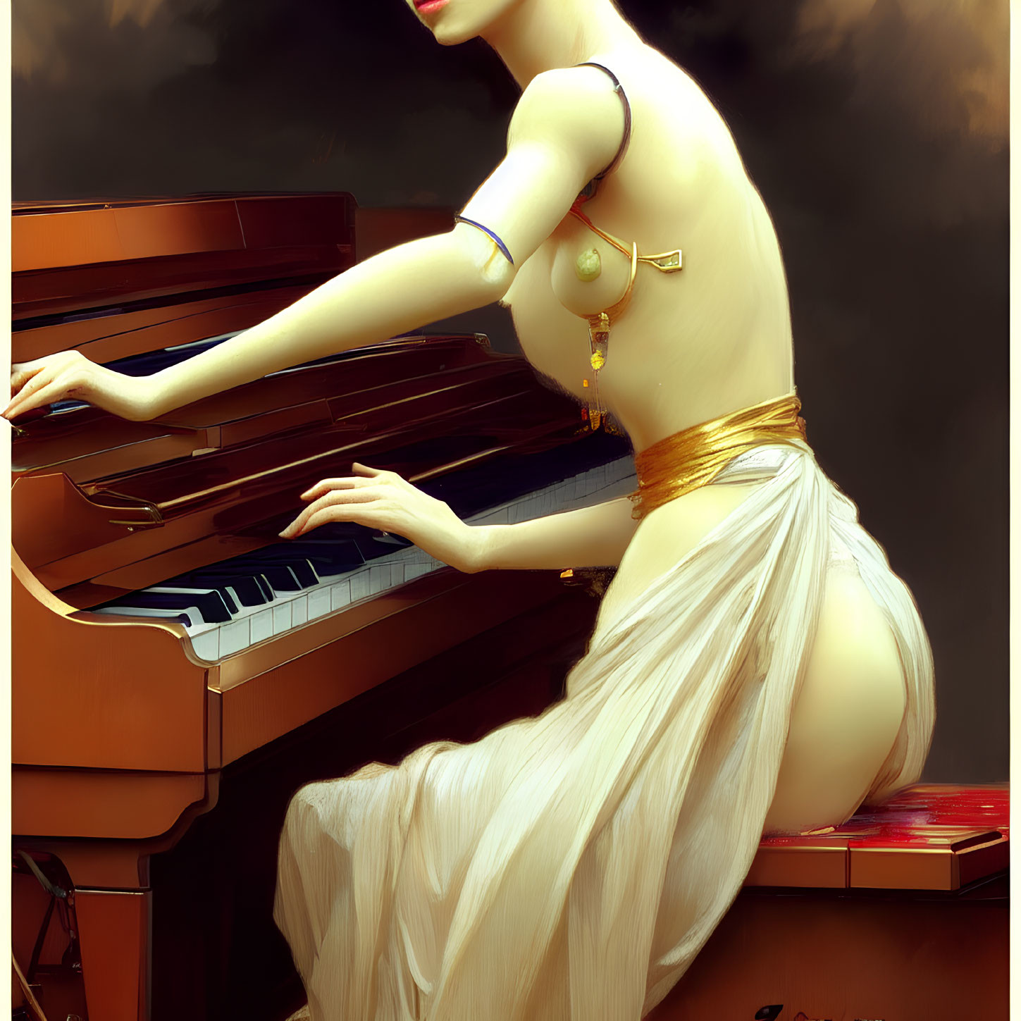 Elegant woman in white dress playing grand piano