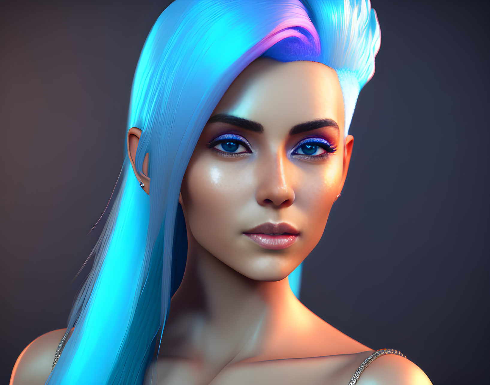 Detailed digital art portrait of woman with blue hair and piercing eyes.