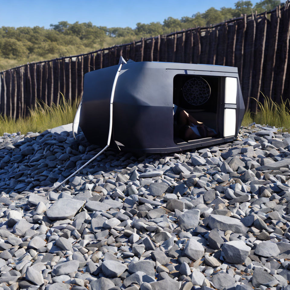 Futuristic black pod with round window in nature setting