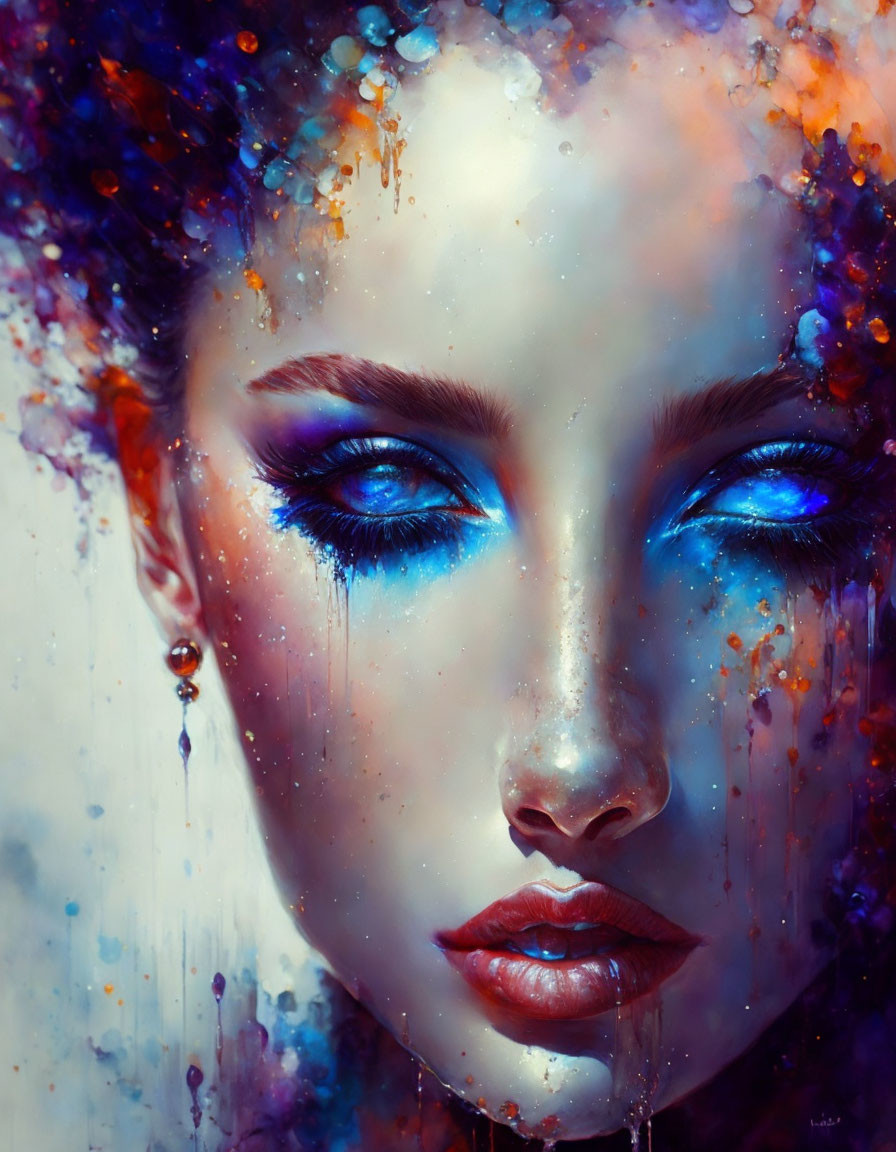 Close-up digital artwork: Woman with vibrant blue eyes in cosmic paint-like textures