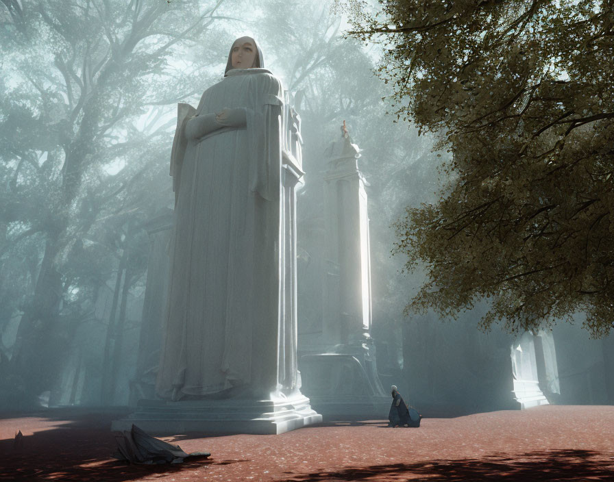 Misty forest scene with statues in soft sunlight