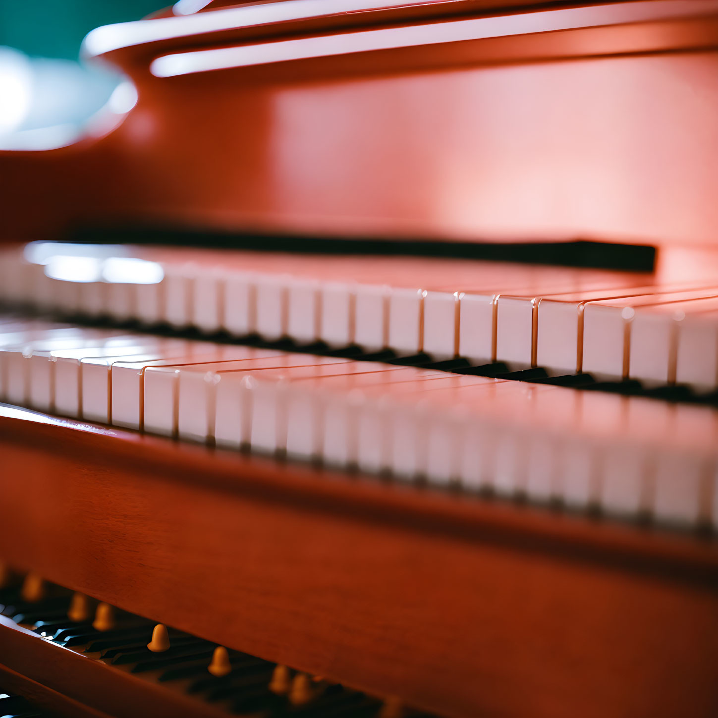 Detailed View of Black and White Piano Keys with Red Wood Showing