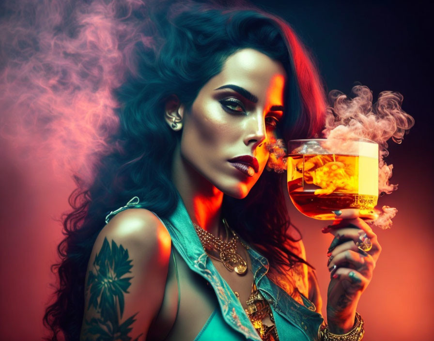 Woman with tattoos and striking makeup holding a smoky drink under colorful lighting